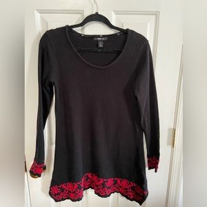 Style & CO black sweater with red cuffs and bottom edging.  Size S.
